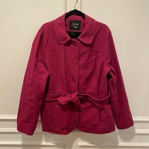 L.L.Bean‎ Women's Jacket Size XL Pink Cotton Belted Field Coat Peter Pan Collar